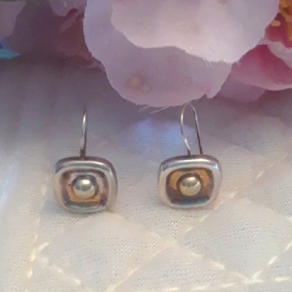 Silpada Retired Sterling Silver Square Brass Dot Earrings